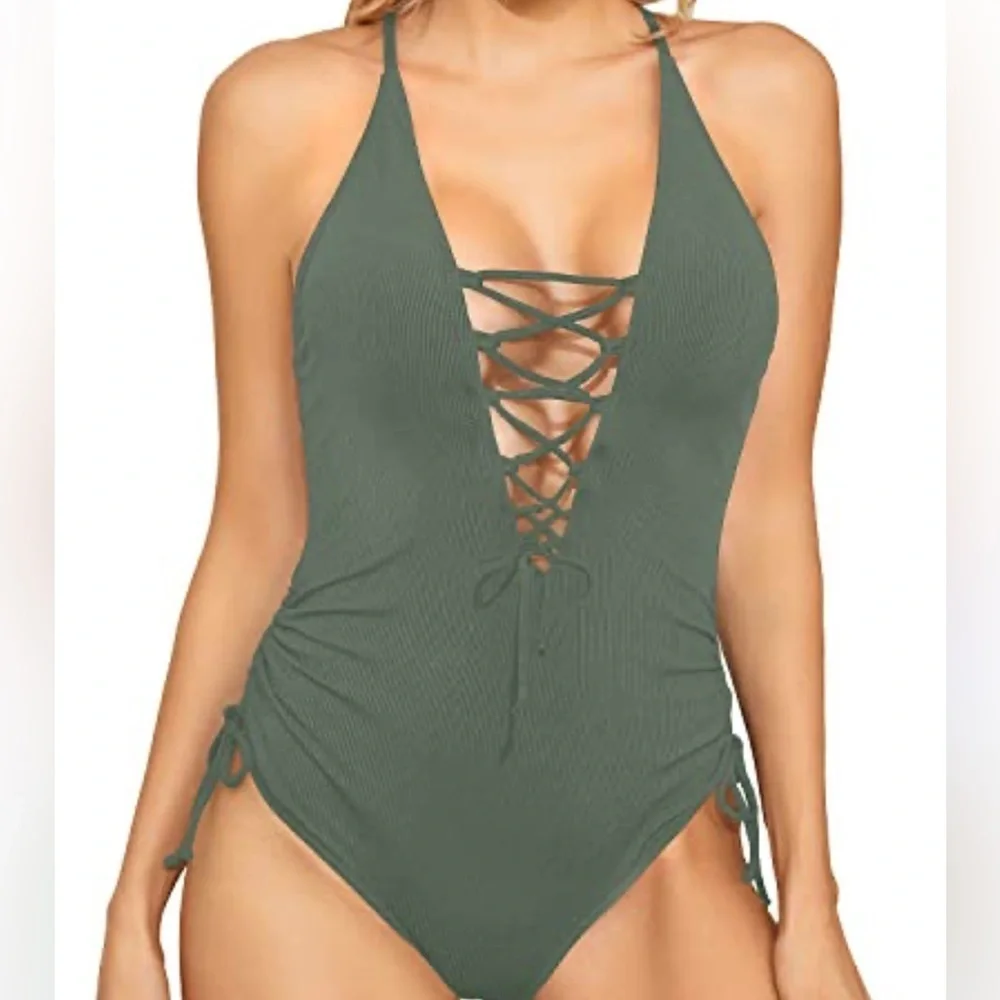 Women's Olive Green Lace-Up Swimsuit